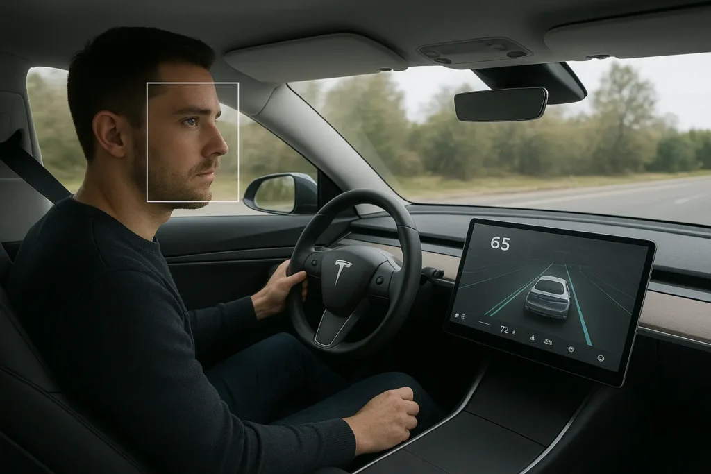 AI-powered car interior showing real-time driver fatigue and distraction tracking