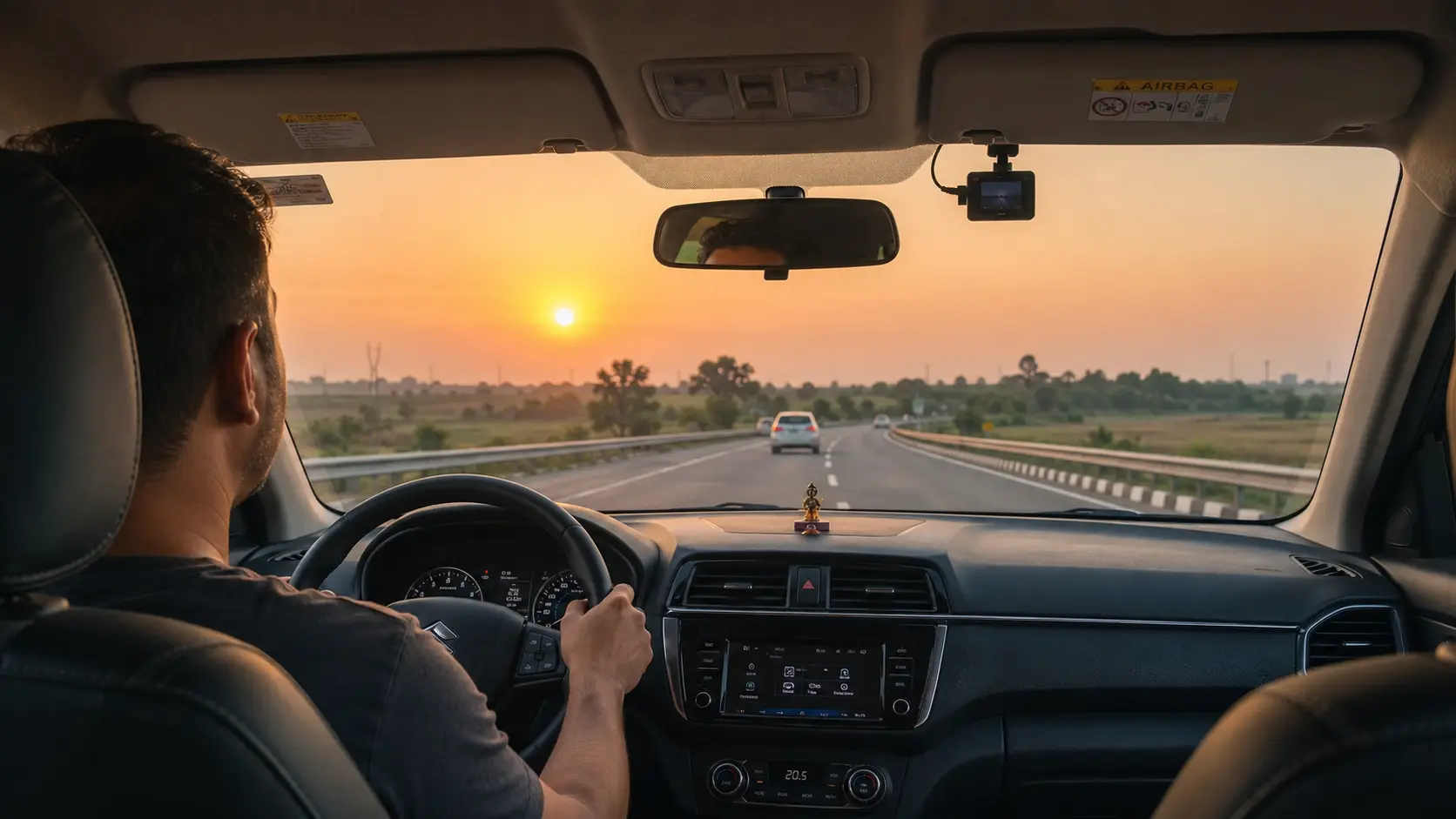 Driver monitoring system 2026 illustration showing in-car camera and driver safety