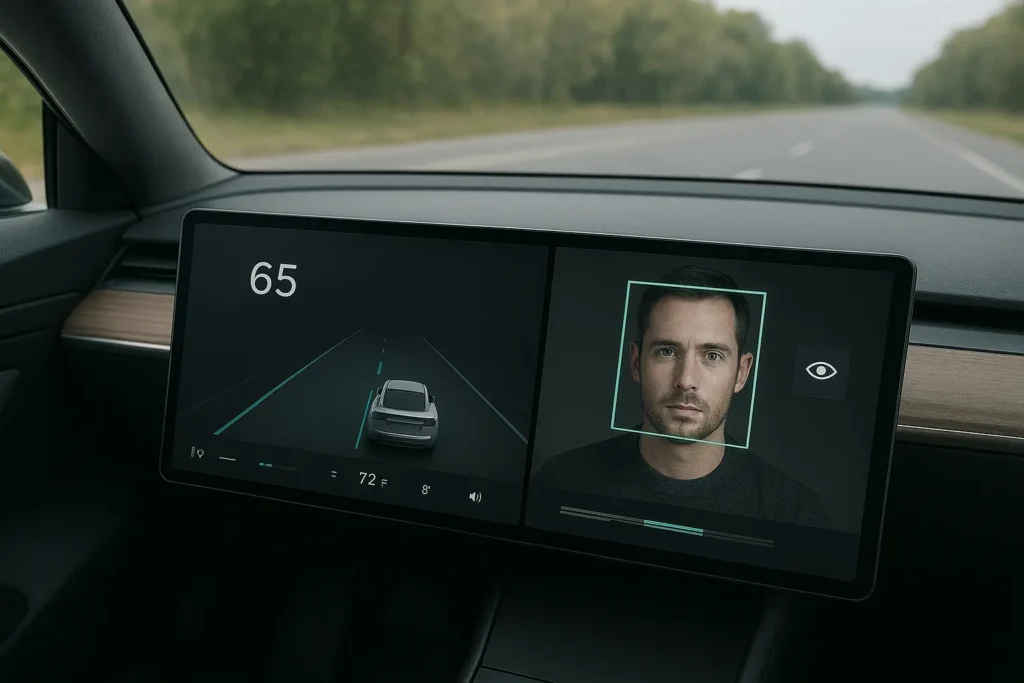 Future car dashboard with AI sensors and intelligent cabin monitoring