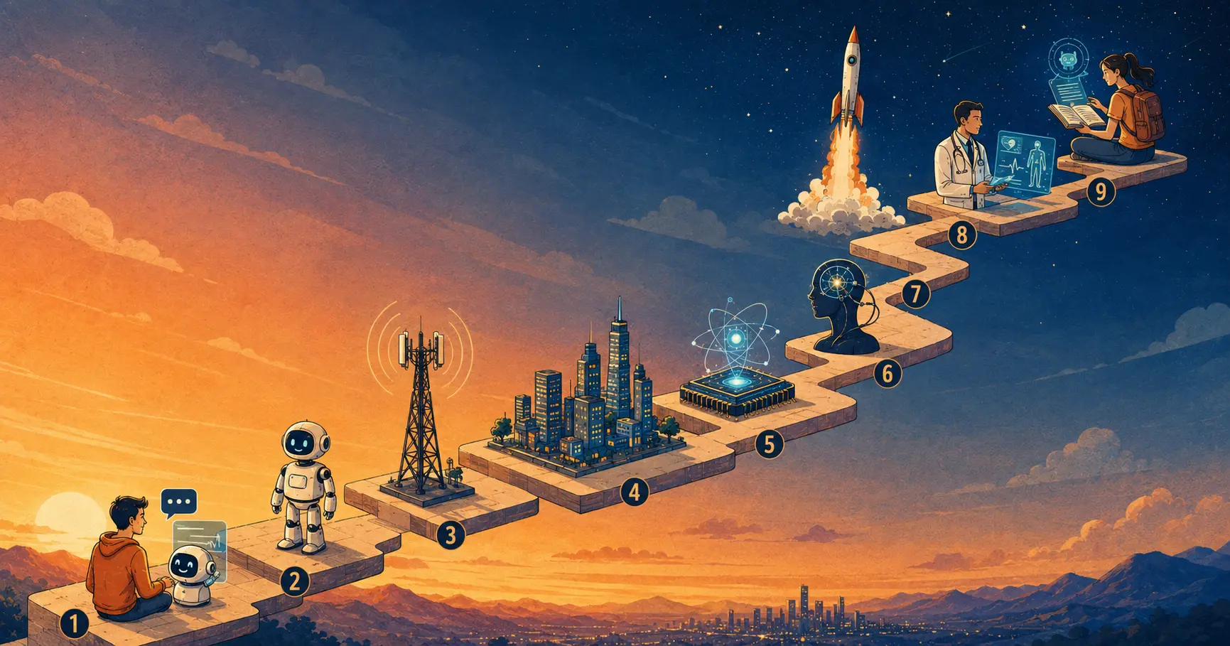 Future tech trends 2030 illustration with AI, robots, 6G, space, and smart cities on rising path