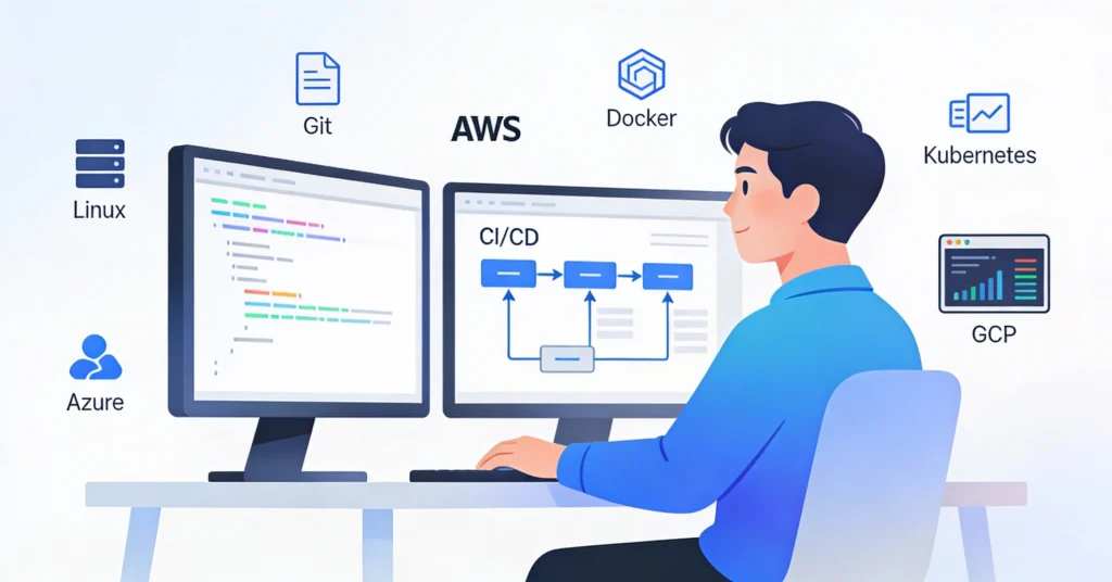 DevOps-engineer-at-desk-surrounded-by-icons-for-Linux-Git-Docker-Kubernetes-cloud-and-monitoring-tools.