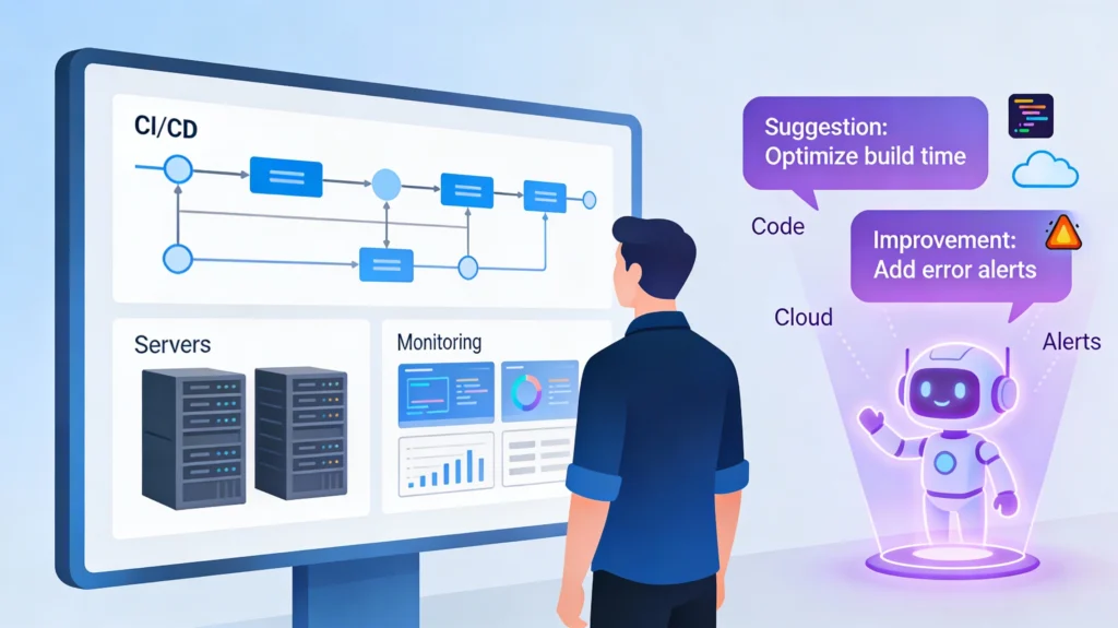 DevOps-engineer-working-with-an-AI-assistant-to-automate-pipelines-and-monitoring.
