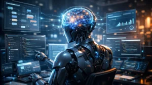 Agentic AI learning path 2026 showing autonomous AI agent managing tasks and workflows