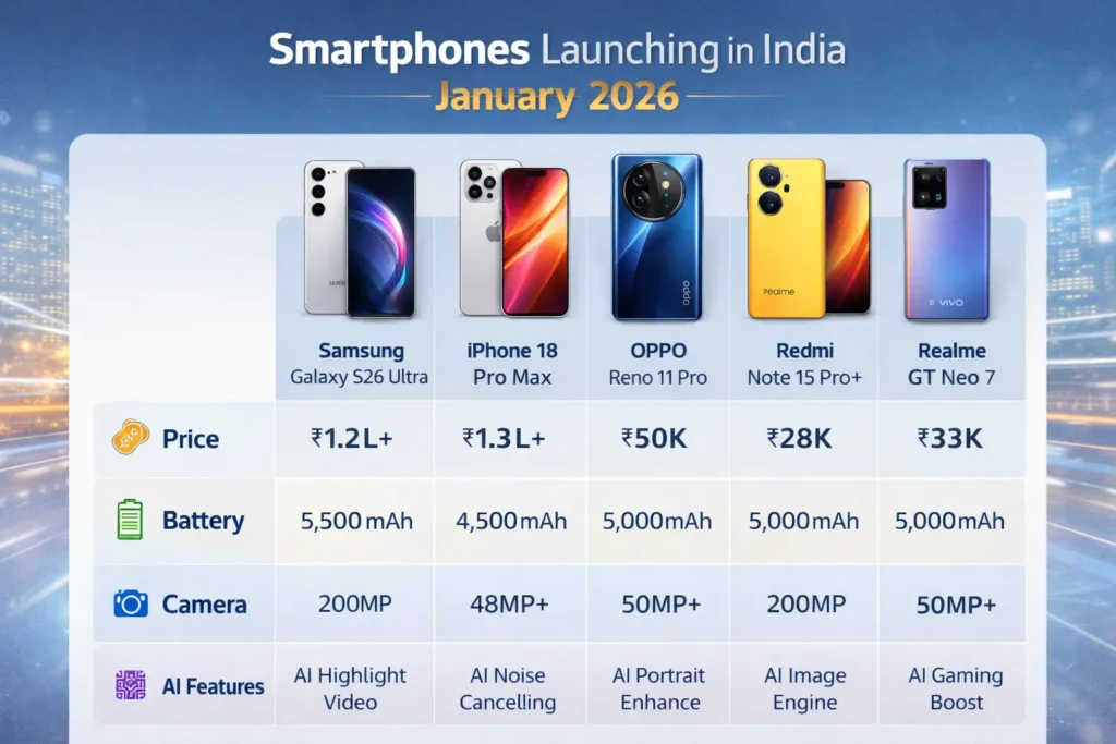 Comparison of smartphones launching in India January 2026 by price, battery, camera, and features.