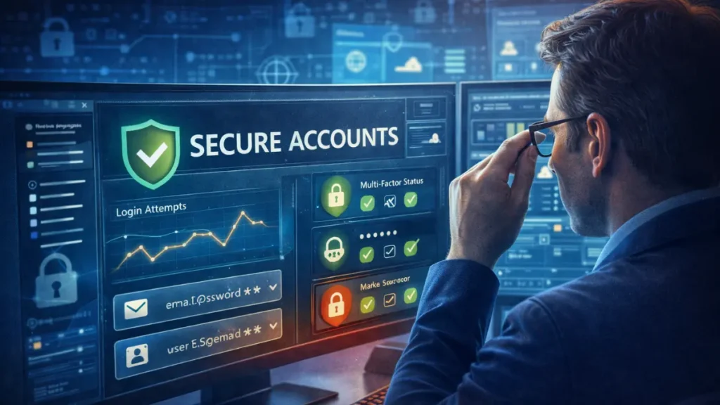 Cybersecurity professional analyzing security dashboards with secure account indicators and multi-factor authentication status