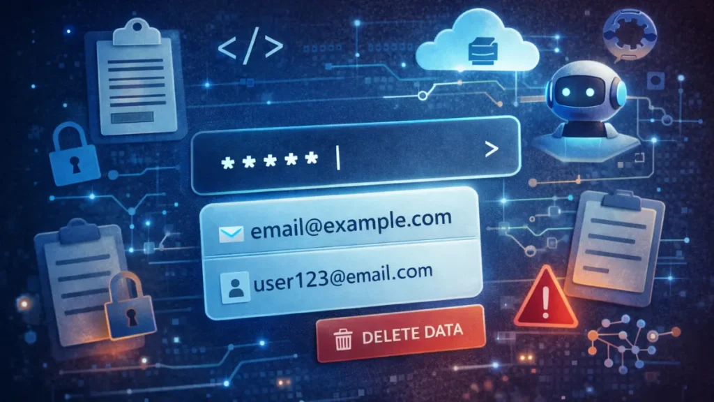 Password field showing autofill suggestions surrounded by AI icons and clipboard symbols highlighting AI autofill security risk