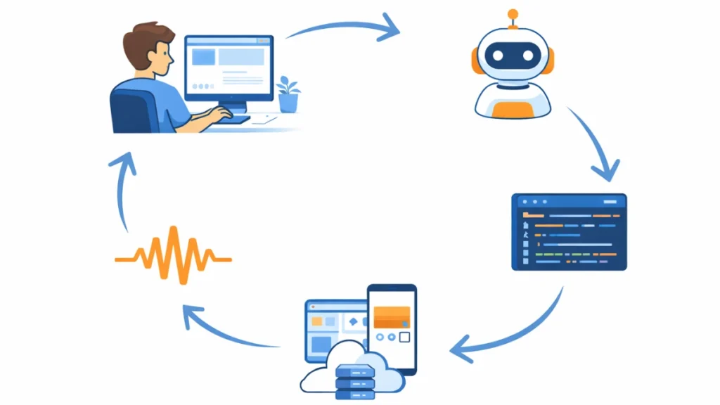 Diagram illustrating the collaborative loop between a developer, an AI coding assistant, and the deployment of a voice AI agent.