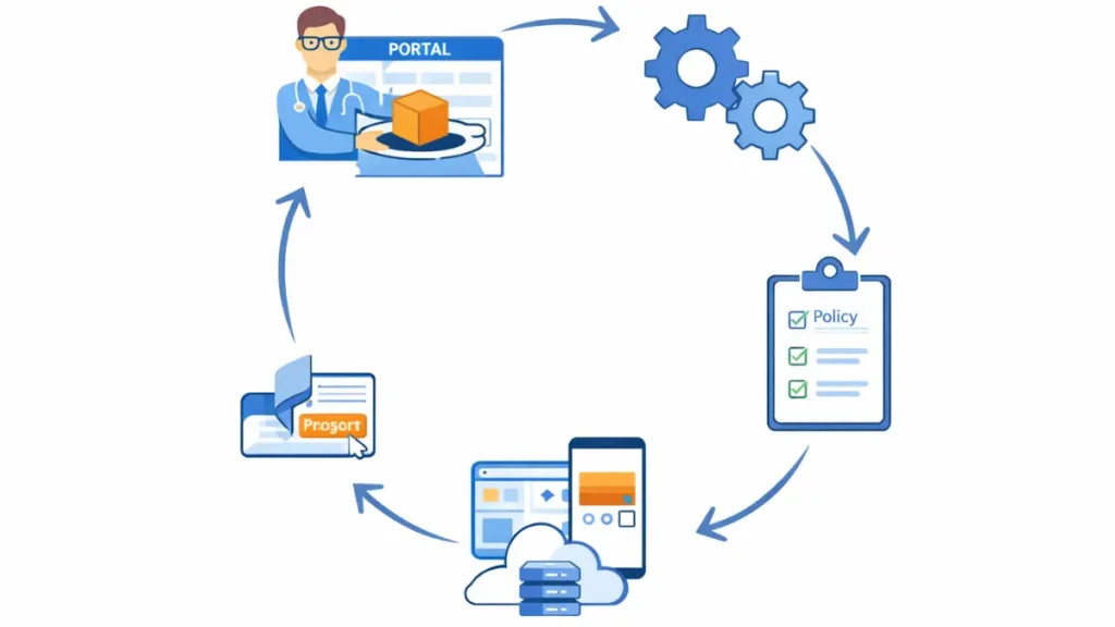 Cycle diagram illustrating the integrated 2027 DevOps workflow: from portal request, through automated pipeline and policy check, to final deployment.