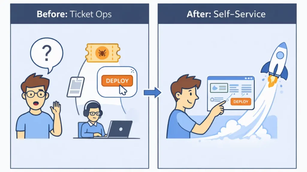 Before and after diagram comparing traditional ticket-based DevOps to modern self-service Platform Engineering with an internal developer portal.