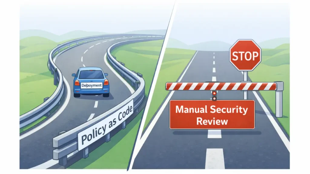 Conceptual image showing Security as Code as guardrails allowing safe, fast deployment, versus a manual security gate that blocks progress.
