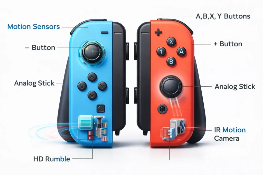 Nintendo Joy-Cons features including motion controls and HD rumble
