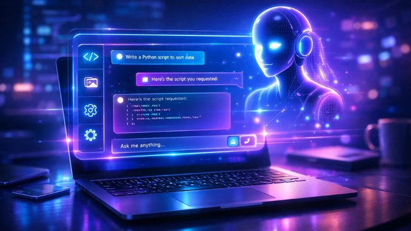 Developer working on a laptop with an AI assistant overlay, floating code snippets and task automation panels powered by Perchance AI
