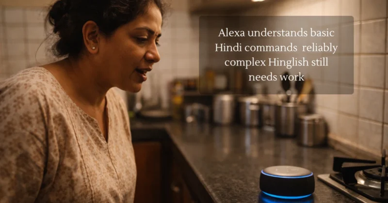 Indian woman using Amazon Echo Dot voice
command in kitchen — Alexa Hindi support
India 2026 honest review