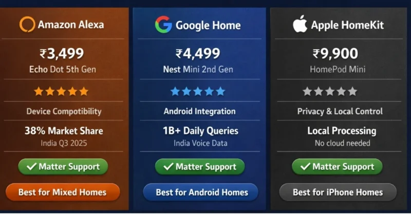 Alexa vs Google Home vs Apple HomeKit
comparison table India 2026 — price
features and verdict for Indian buyers