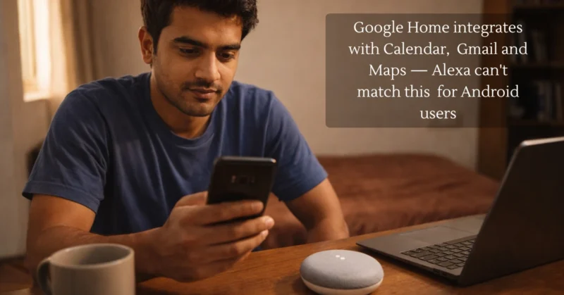 Indian man using Google Nest Mini with
Android phone at home desk — Google Home
vs Alexa India 2026 comparison