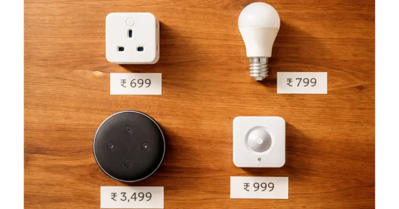 Complete smart home starter kit under ₹5000
India — smart plug, bulb, Echo Dot and motion
sensor flat lay with prices