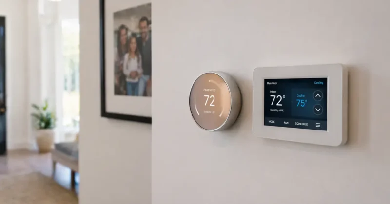 Google Nest smart thermostat and T9 smart thermostat installed in home