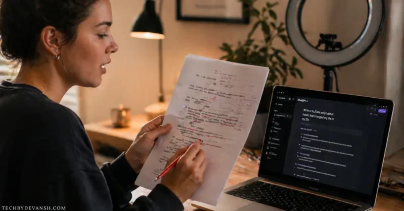 YouTuber reading AI generated script out loud and marking edits with pen before filming