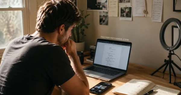 Best AI tools for YouTube script writing in 2026 shown on laptop with script document open on desk