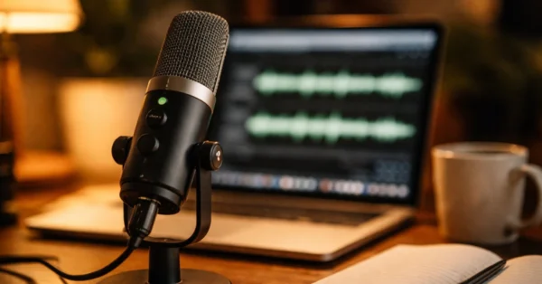 Best AI voice generators in 2026 shown on laptop and microphone setup on a studio desk