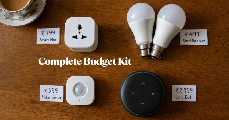 Complete budget smart home India kit under ₹10000 — TP-Link Tapo plug bulbs sensor and Echo Dot flat lay with prices 2026