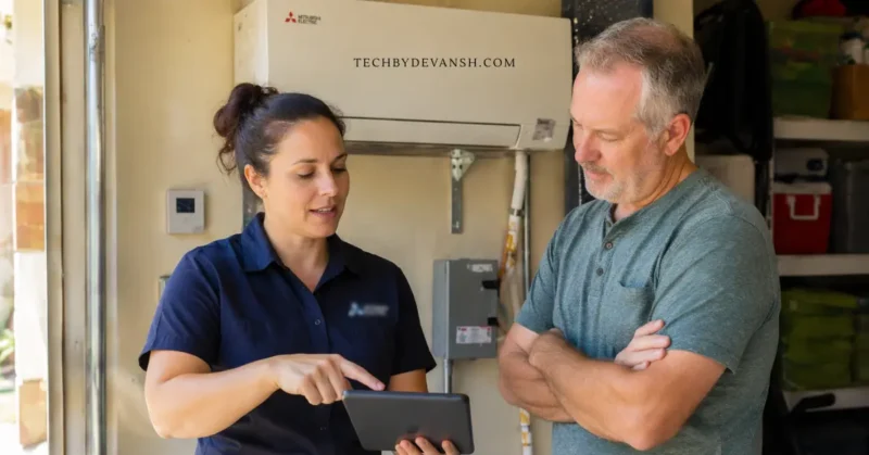 certified heat pump contractor explaining rebate eligibility to homeowner