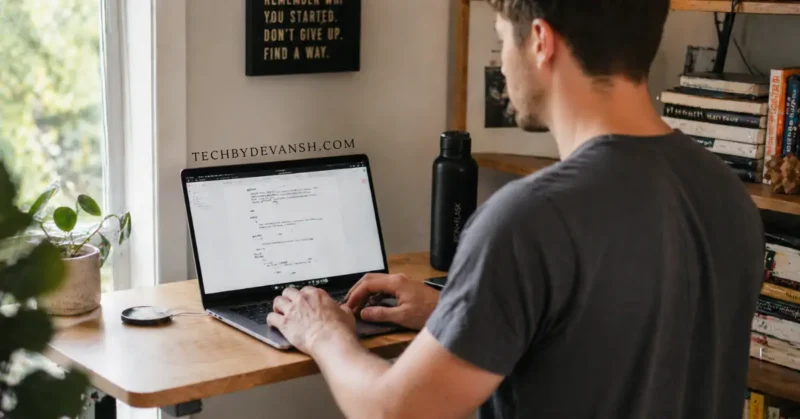 Content creator writing long-form YouTube script using Claude AI on MacBook in home office setup