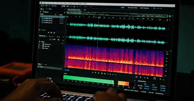 Audio waveform visualization on a dark screen showing AI voice generation process