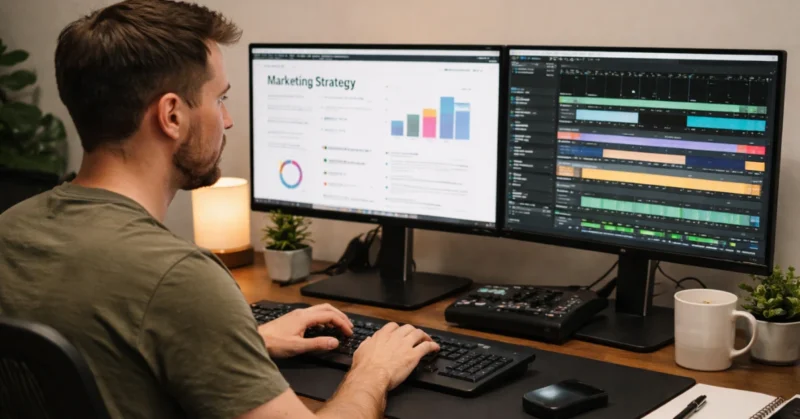 Marketing professional using Murf AI voice studio on dual monitor setup for e-learning content