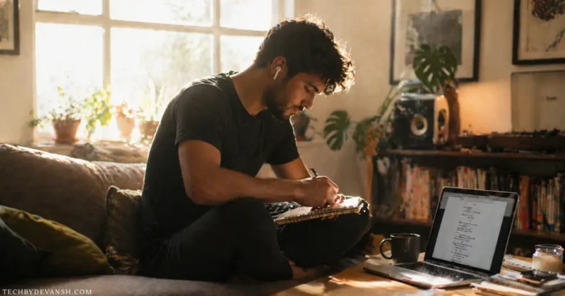 Experienced YouTube creator writing script notes in notebook next to laptop with AI tool open