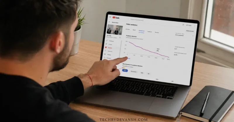 YouTube analytics dashboard showing watch time retention graph on laptop screen for content creator