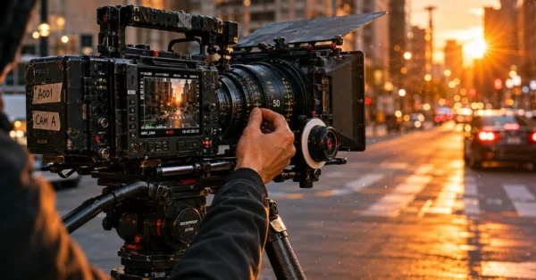 Cinematic camera setup on tripod at golden hour for AI b-roll generator content creation in 2026