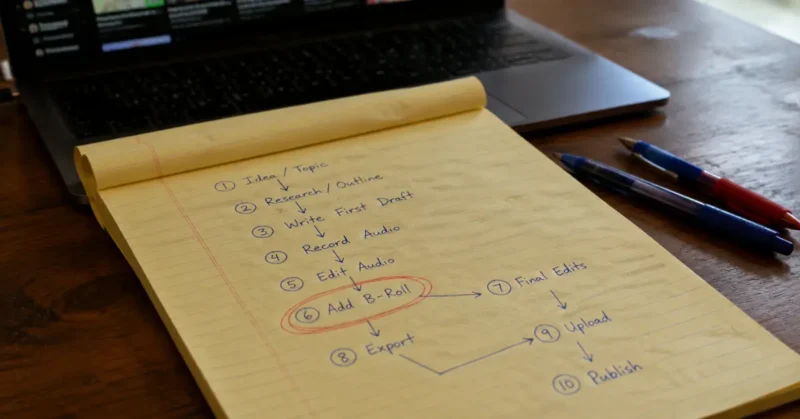 Handwritten 3-video dubbing test workflow strategy for AI dubbing tools showing step-by-step flowchart on legal notepad