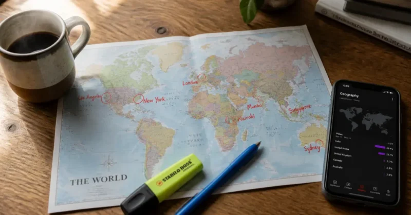 World map with cities circled showing AI dubbing tools global audience reach strategy for multilingual YouTube content