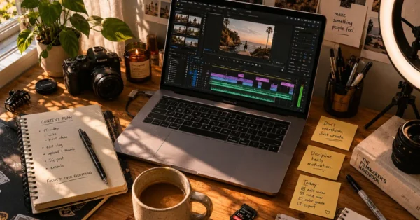 Content creator desk setup with video editing timeline open on laptop for AI video creation 2026