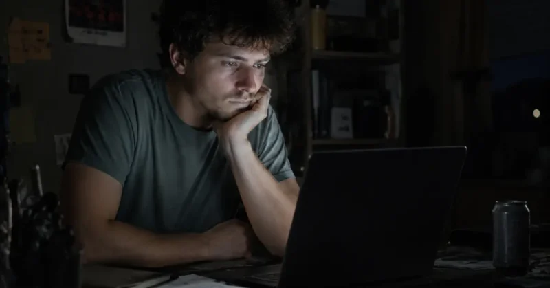 Content creator looking frustrated while testing AI video creation tools late at night in 2026