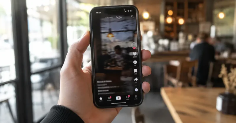 Person holding smartphone watching short-form AI video content on TikTok or Reels in 2026