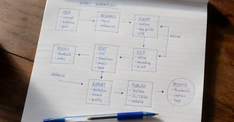 Handwritten content creation workflow flowchart showing the 90-minute AI video production stack