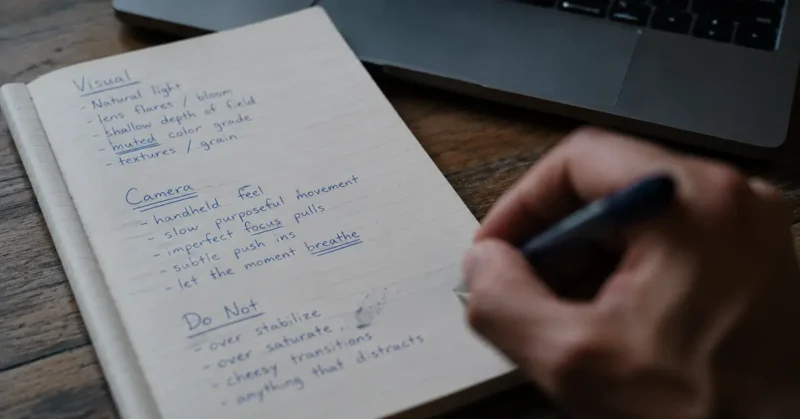 Hand writing the 3-layer prompt system for best AI b-roll generator results with Visual Camera and Do Not sections visible