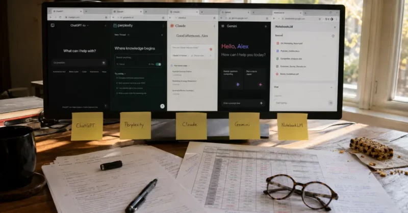 Research desk showing best AI dubbing tools 2026 comparison with five browser tabs open and printed comparison spreadsheet