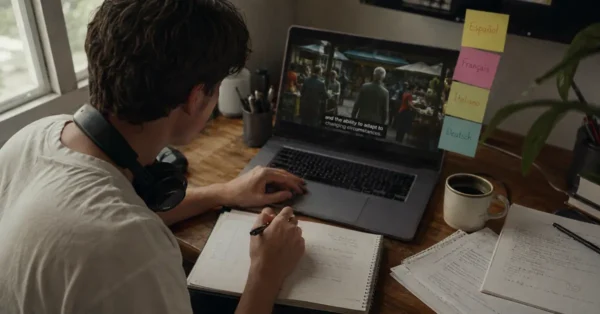 Content creator using best AI dubbing tools with multilingual sticky notes on monitor showing video with subtitles in 2026