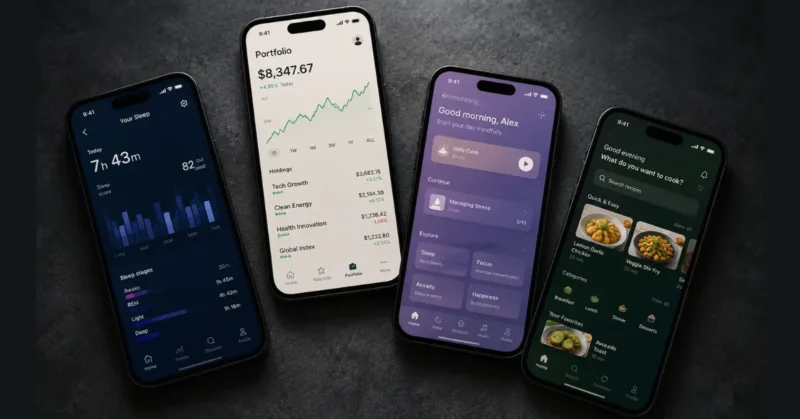 Four smartphones showing different AI video creation tools interfaces side by side for 2026 comparison
