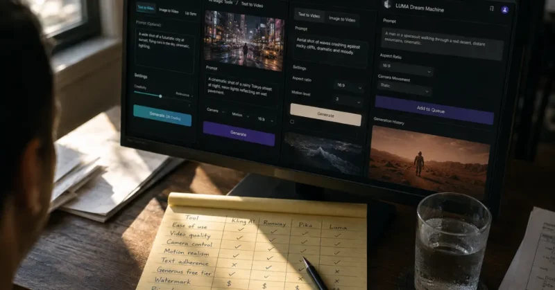 Four AI cinematic video generator tools open in browser tabs with handwritten comparison table showing free vs paid options