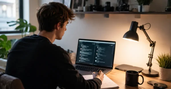Content creator comparing Claude AI vs ChatGPT for content writing on MacBook at home desk