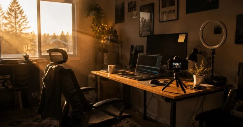 Home office setup ready to create a faceless YouTube channel using AI with sticky note saying Day 1