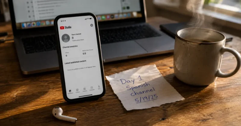 Smartphone showing new YouTube channel day one setup with handwritten note for Spanish channel using AI dubbing tools
