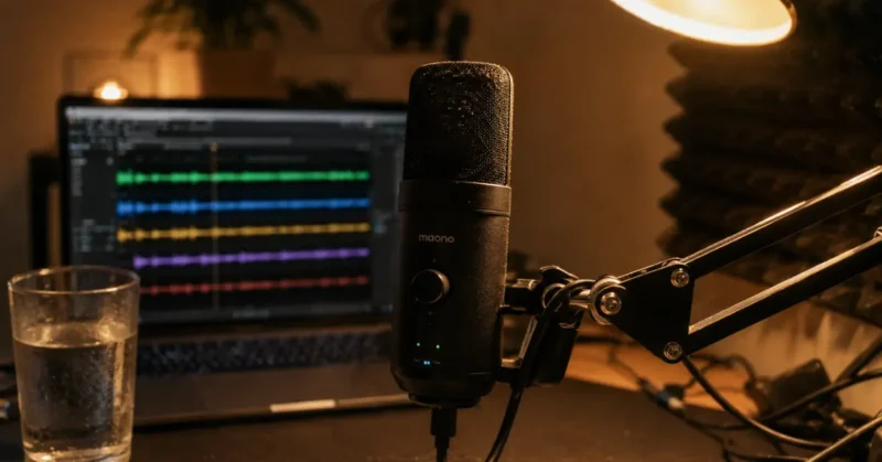 Professional microphone setup for ElevenLabs Dubbing Studio AI voice quality with multilingual audio waveforms on laptop