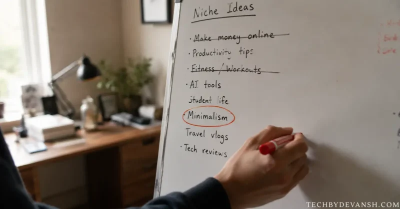Content creator writing faceless YouTube channel AI niche ideas on whiteboard with some crossed out