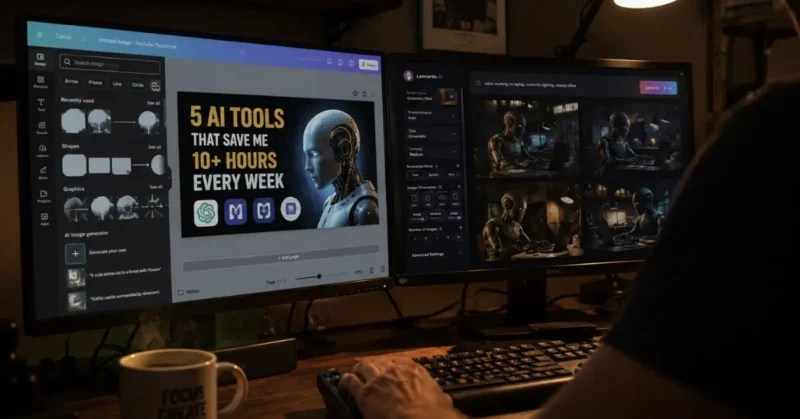 Dual monitor setup creating faceless YouTube channel AI thumbnails using Canva and Midjourney in 2026