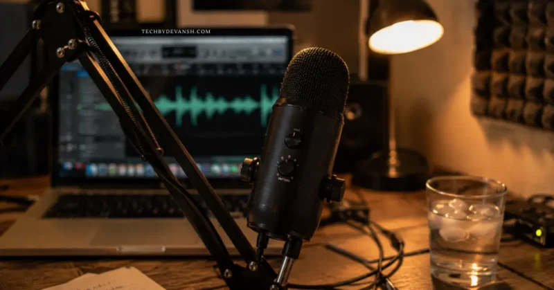 Microphone and laptop setup for faceless YouTube channel AI voice recording with ElevenLabs in 2026
